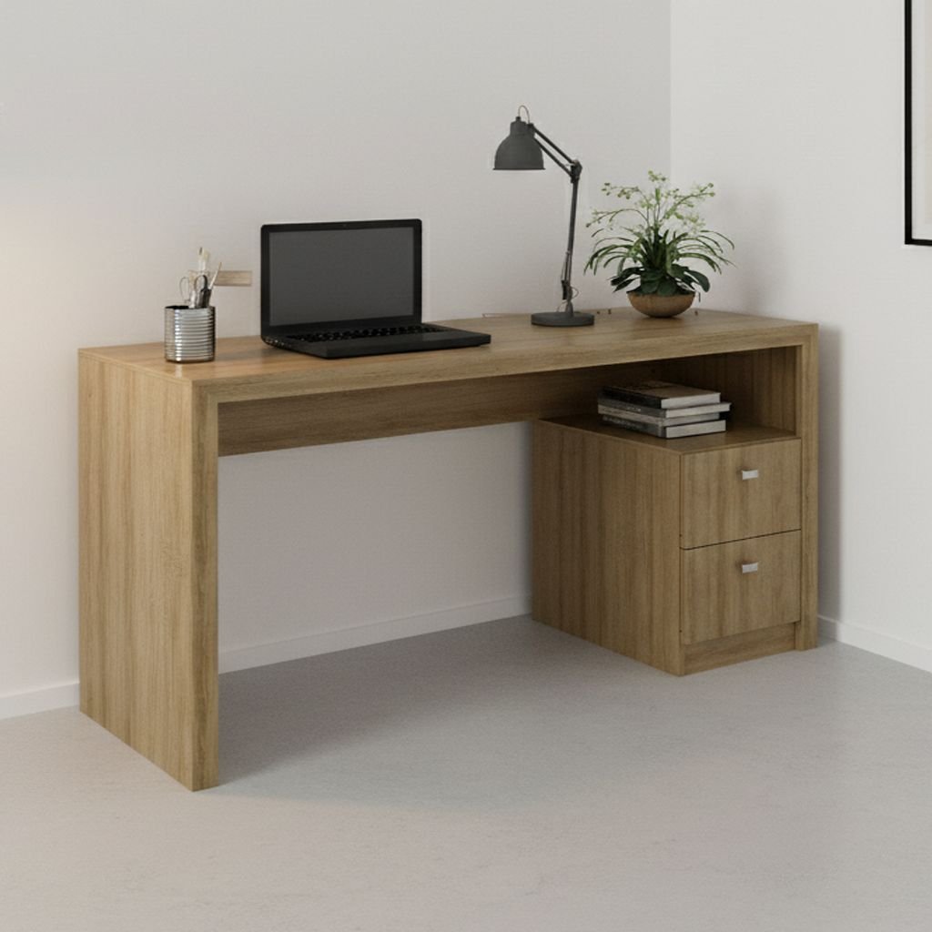 Escrivaninha Mesa Escritório com ME4130 2 Gavetas 135cm Amendoa Marrom Amêndoa