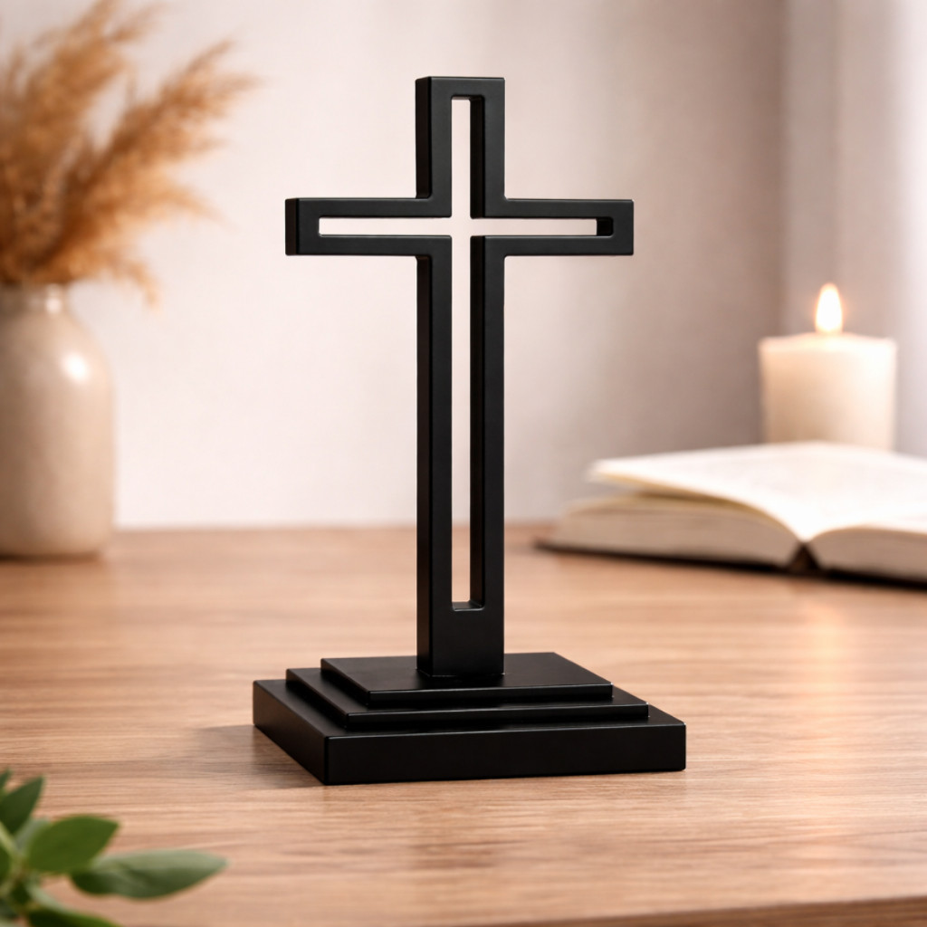 Cruz de Mesa Preta 13cm | Decoração Religiosa Cristã | Presente Católico Evangélico