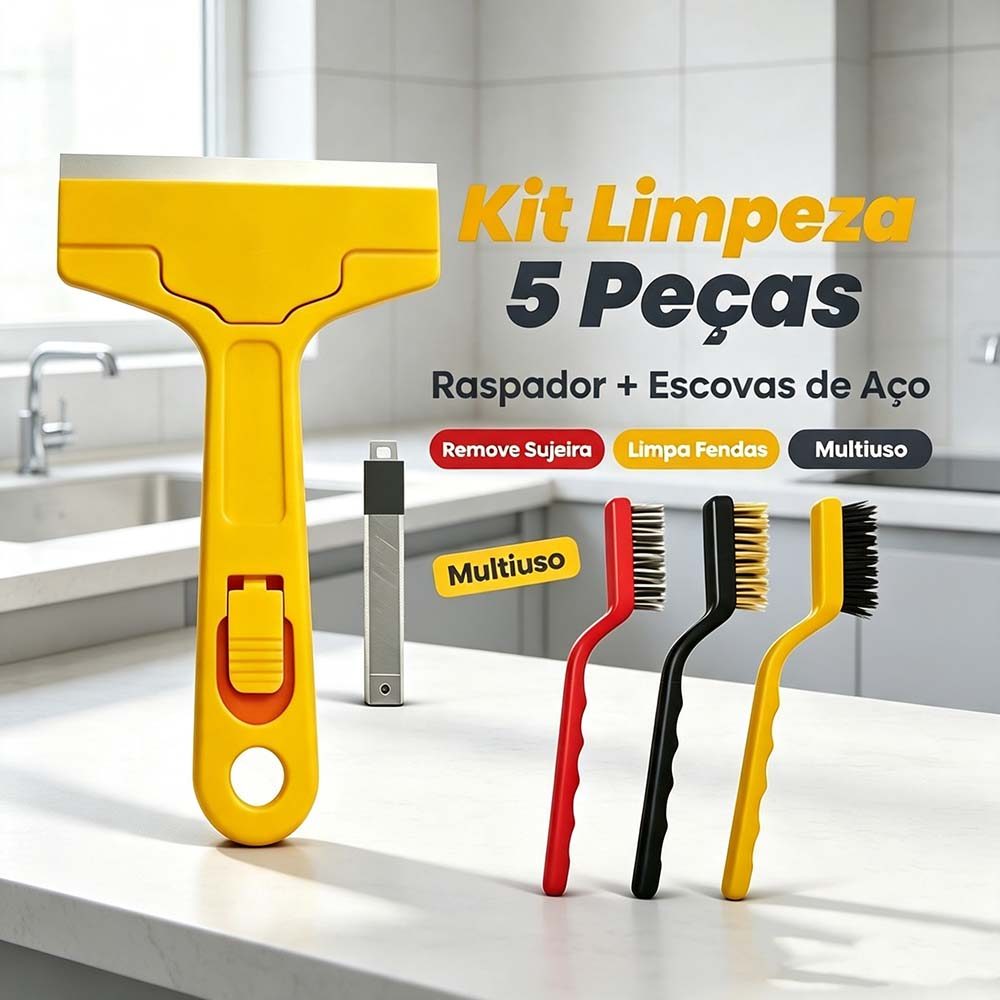 Kit 5 UN 3 Escova de Aço Para Limpeza Forno Grelha Fogão Aço Latão Nylon + Raspador Limpa Box Piso Vidro + 5 Lâminas
