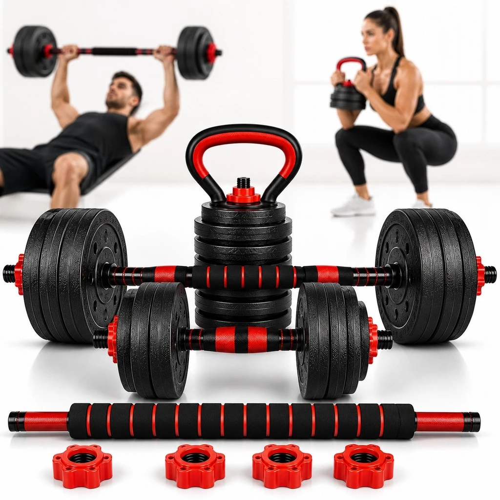 Kit Halteres Barra E Anilhas 15KG Musculação 2 Kettlebell Ajustável Preto Academia em Casa Exercicios — imagem 1