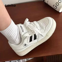 Lovito Casual Listrado Tênis Esportivos Brancos Minimalistas para Todas As Estações Tênis Femininos brancos LFA87018