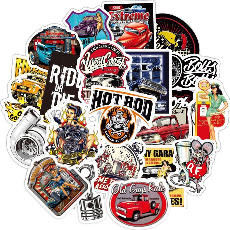 50 adesivos de graffiti de carros vintage modificados, adesivos à prova d'água para malas, scooters, motocicletas e capa
