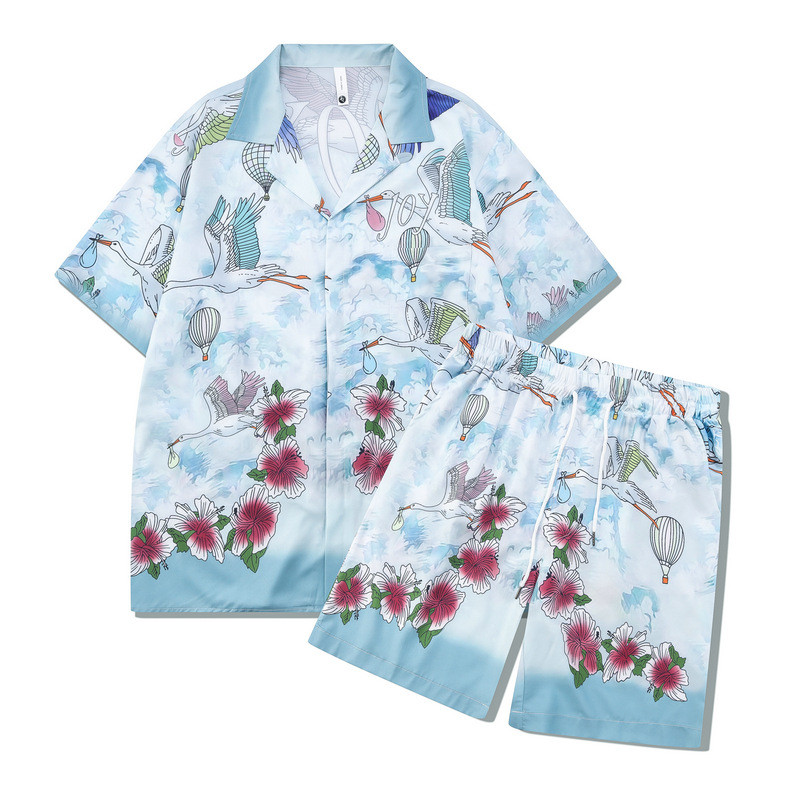 [Novo produto] Conjunto Casual de praia cavalheiro impressão Digital guindaste marca rua camisa solta manga curta mascul