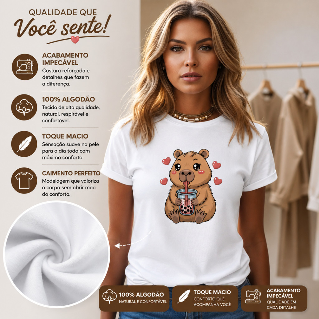 Camiseta Feminina T-Shirt Algodão Básica Gola Redonda Estampa Love Capivara Diversas Cores baby look premium