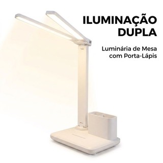 Luminária LED Dupla com Porta-Lápis, Recarregável e Dobrável para Estudo e Leitura