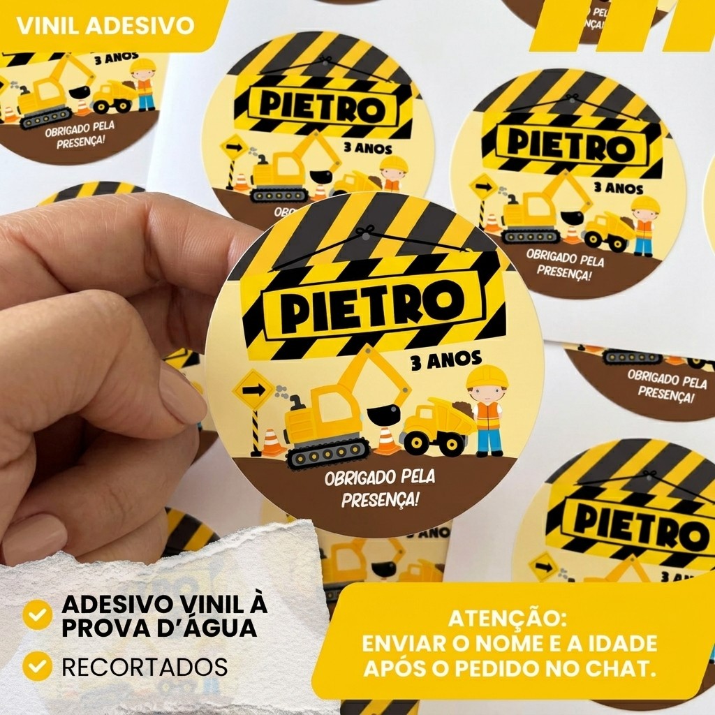 Adesivos Vinil 5x5cm Personalizados Para Lembrancinhas de Aniversário Infantil Tema Obras Trator