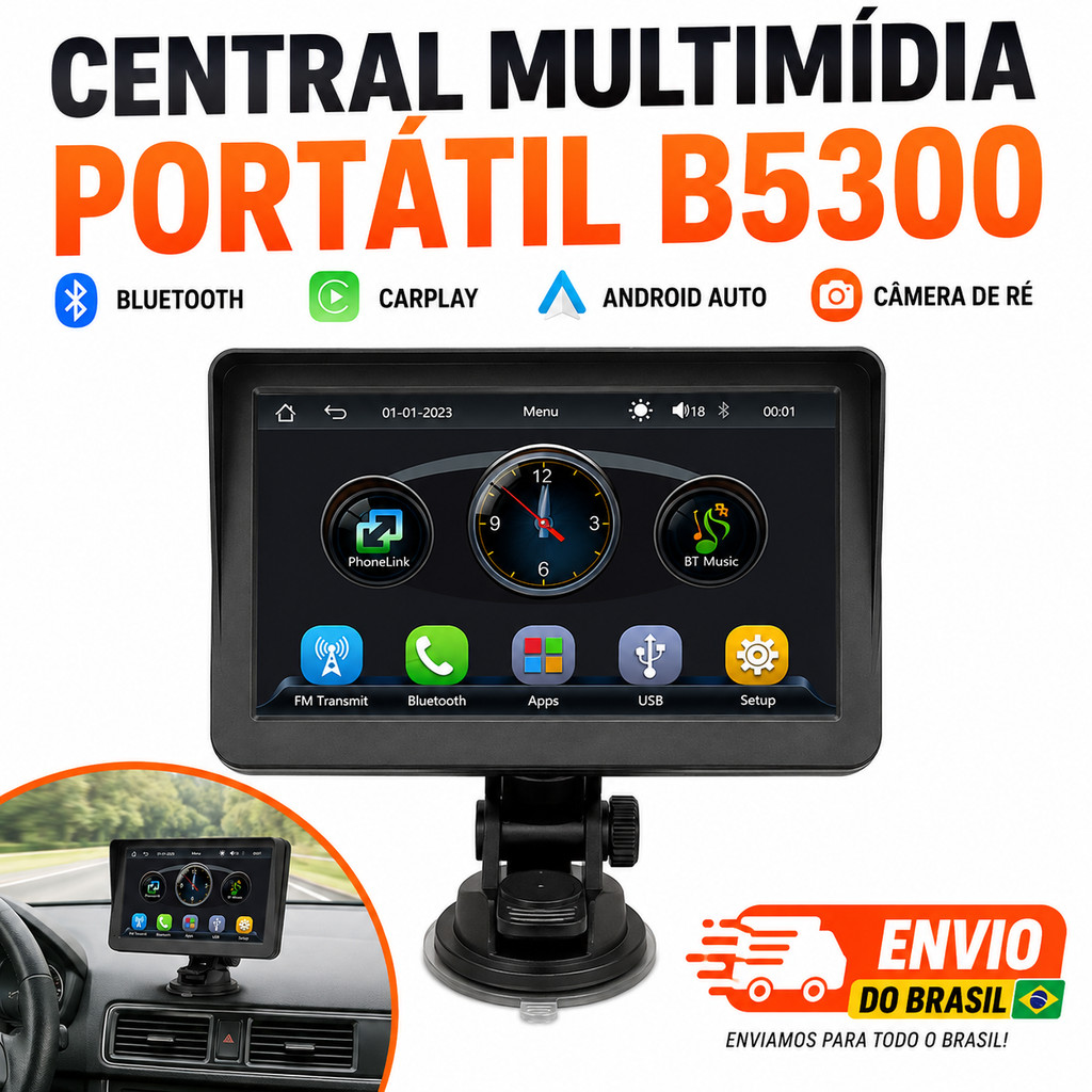 MP5 Carplay Central Multimídia Portátil Player Bluetooth Android Auto com Câmera de Ré 8 LEDs para Carro