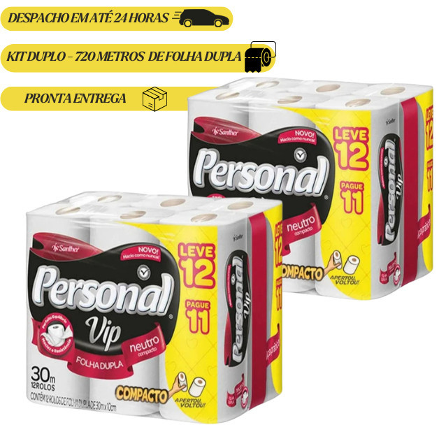 Conjunto com 2 Pacotes De Papel Higiênico Folha Dupla Personal Vip Com 12 Rolos cada com 30m