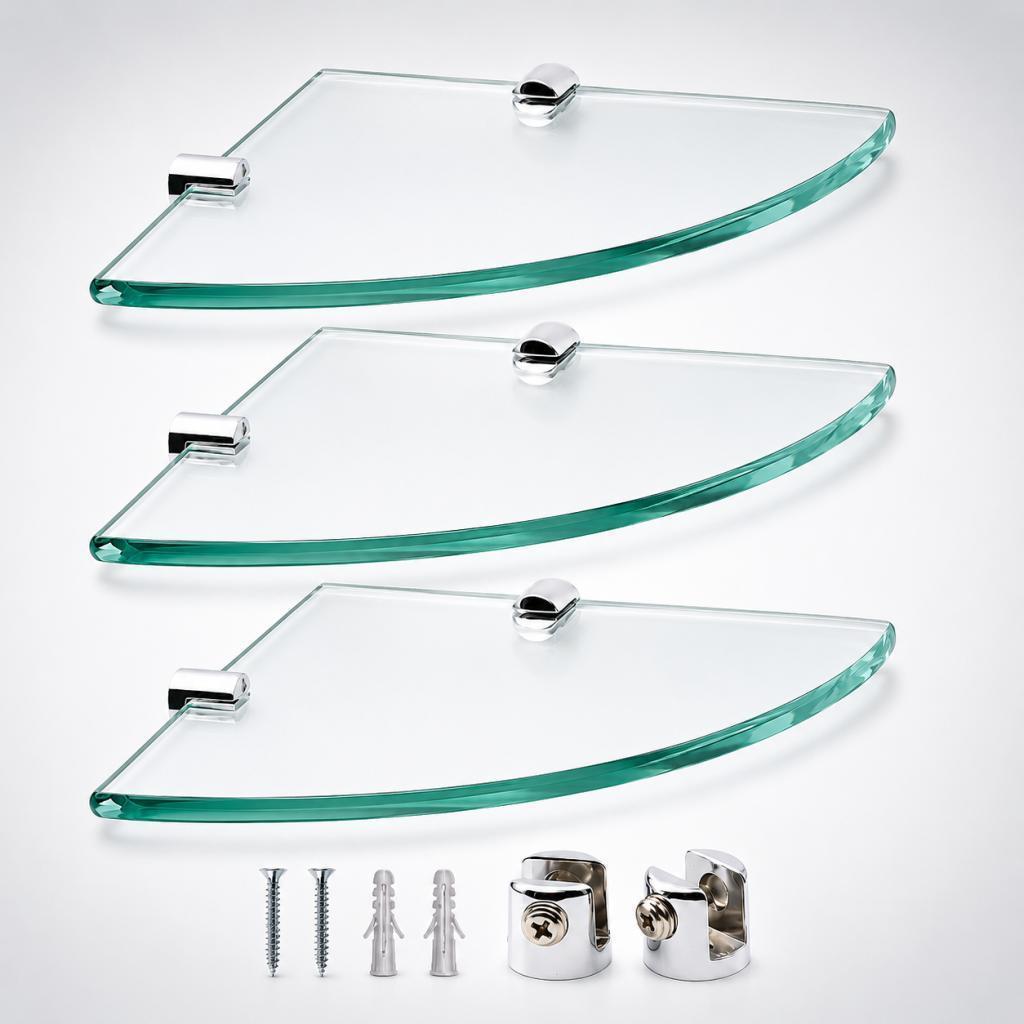 Conjunto 03 Prateleiras de Vidro Canto 20x20 Multiuso com Suporte Inox - Fixação Fácil e Segura
