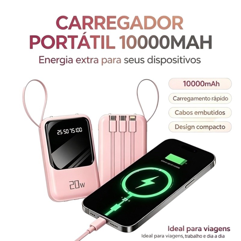 Carregador Portátil 10000mah con 4 cables de carga rápida Banco de energía digital LED-A6 VOLTIK