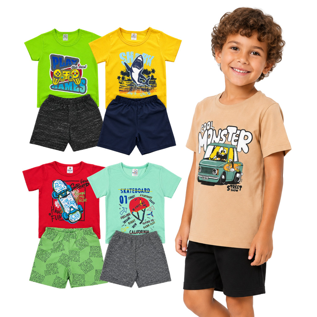 Kit 4 Peças Verão Infantil Roupa Menino Estampado Sortidos Camiseta + Short/Bermuda 2 Conjuntos