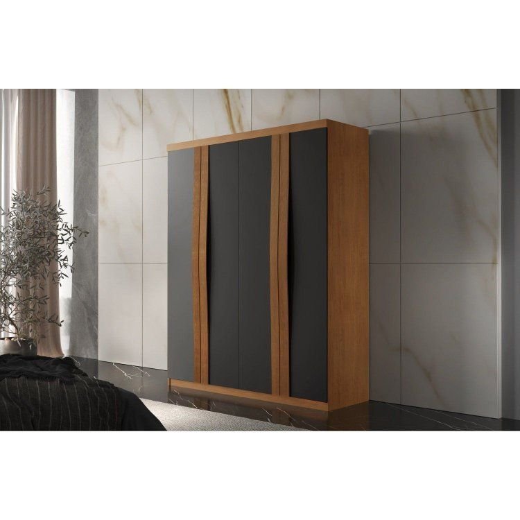 Guarda-Roupa 4 Portas 2 Gavetas MDF London Laranja/Grafite/Marromle Grafite/Naturalle