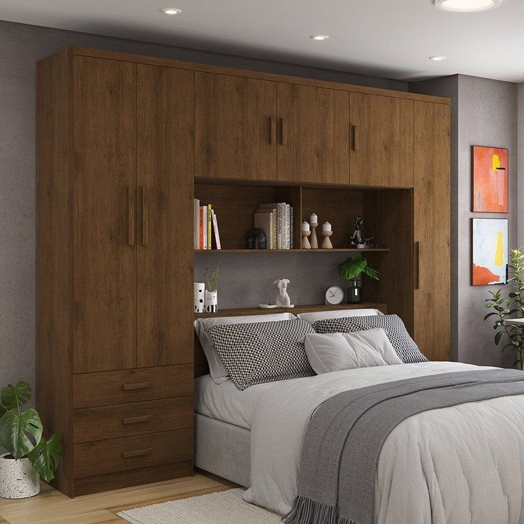 Guarda-Roupa Casal com Cabeceira 6 Portas 3 Gavetas Top Cancun Yescasa Marrom/Jequitiba Jequitibá