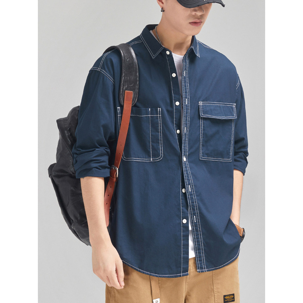 Camisa jeans japonesa masculina de manga comprida primavera versão coreana macacão camisas masculinas casuais Tops prima