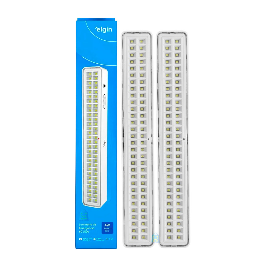 Kit 2 Lâmpadas Luminária de Emergência 60 Leds Elgin 4w Recarregável Branca Fria 6500k Bivolt
