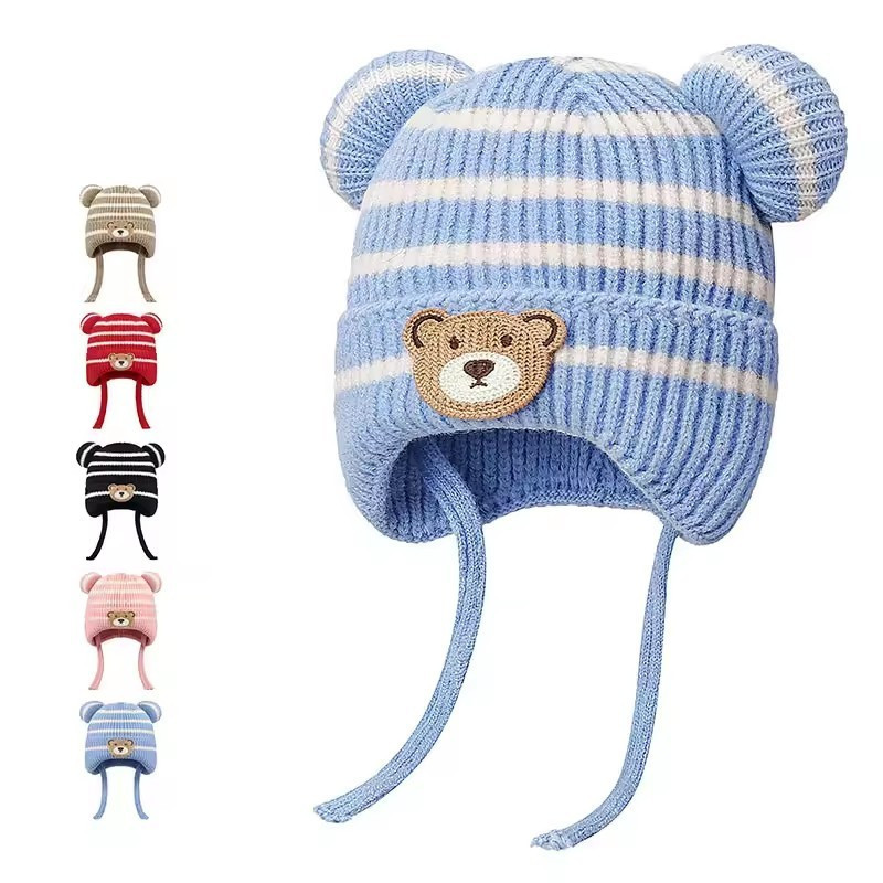 Inverno Tether Protetor De Orelha Crianças Chapéu Listrado Quente Gorro Menino Bebê Dos Desenhos Animados Urso De Malha