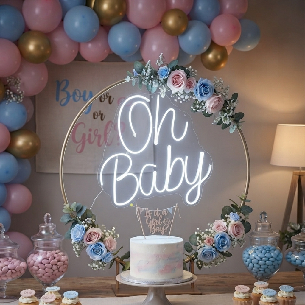 Painel Neon Led Oh Baby Com 40x40 cm Em Acrílico 3mm Branco Quente | Branco Frio Decoração Chá Revelação Bebê