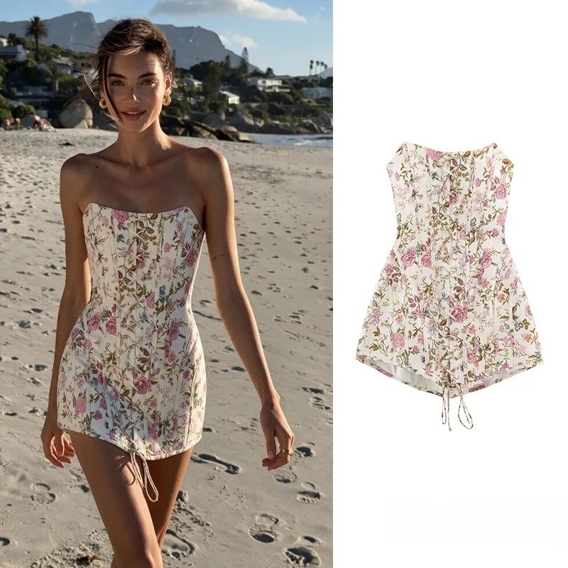 Moda Feminina Impressão Sem Alças Midi Vestido Costas Frente Rendas Elegante Chique Verão Férias Roupa SSS202608