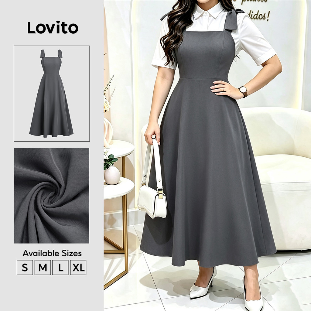 Lovito Vestido Feminino Elegante Cinza Modelo Longo A com Zíper Primavera Verão Casual Fim de Semana e Traje de Trabalho DRB38BR281