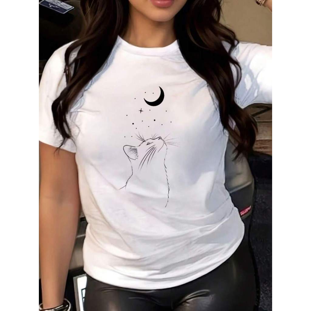 Camiseta feminina gato lua estilo casual blogueirinha 100% algodão confortável