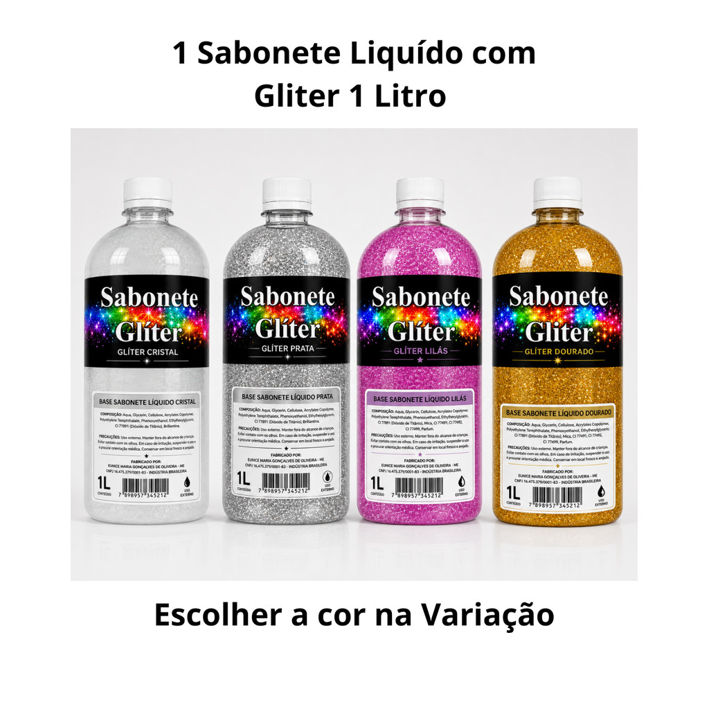 Sabonete Líquido Sem Aroma  1 Litro com Gliter de Alta Qualidade e Rendimento em Diversas Cores