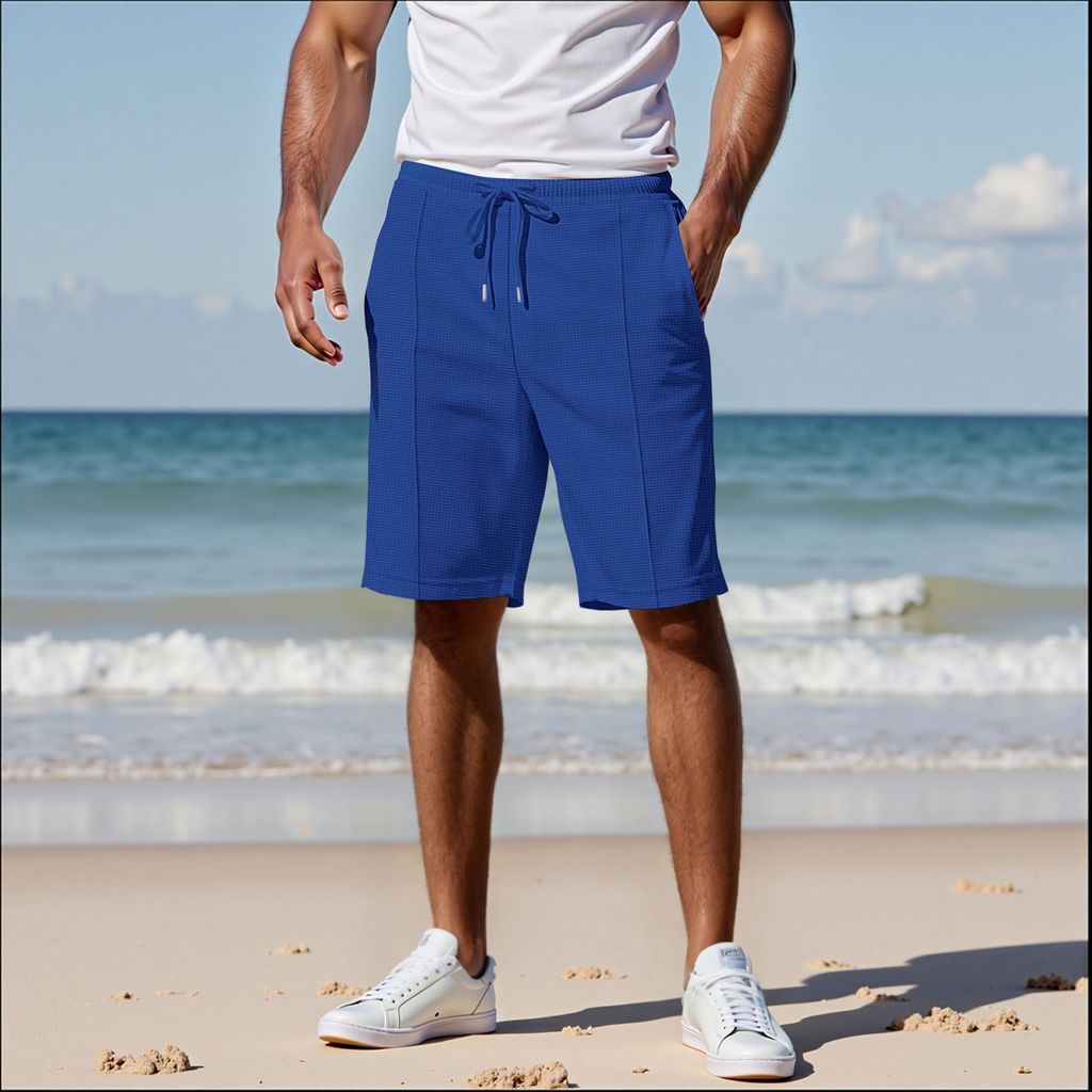 Bermudas de praia estilo americano para o verão, bermudas esportivas masculinas casuais em malha waffle, bermudas mascul