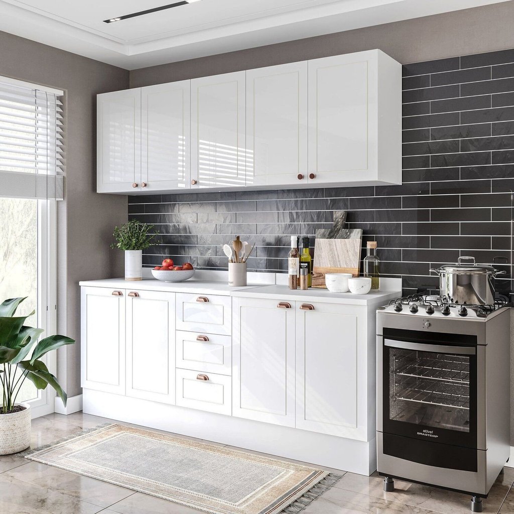 Cozinha Pérola com Rodapé e Tampo Aéreos com 5 Portas, Balcão 2 Gavetas 3 Portas e Balcão 2 Portas Yescasa Branco