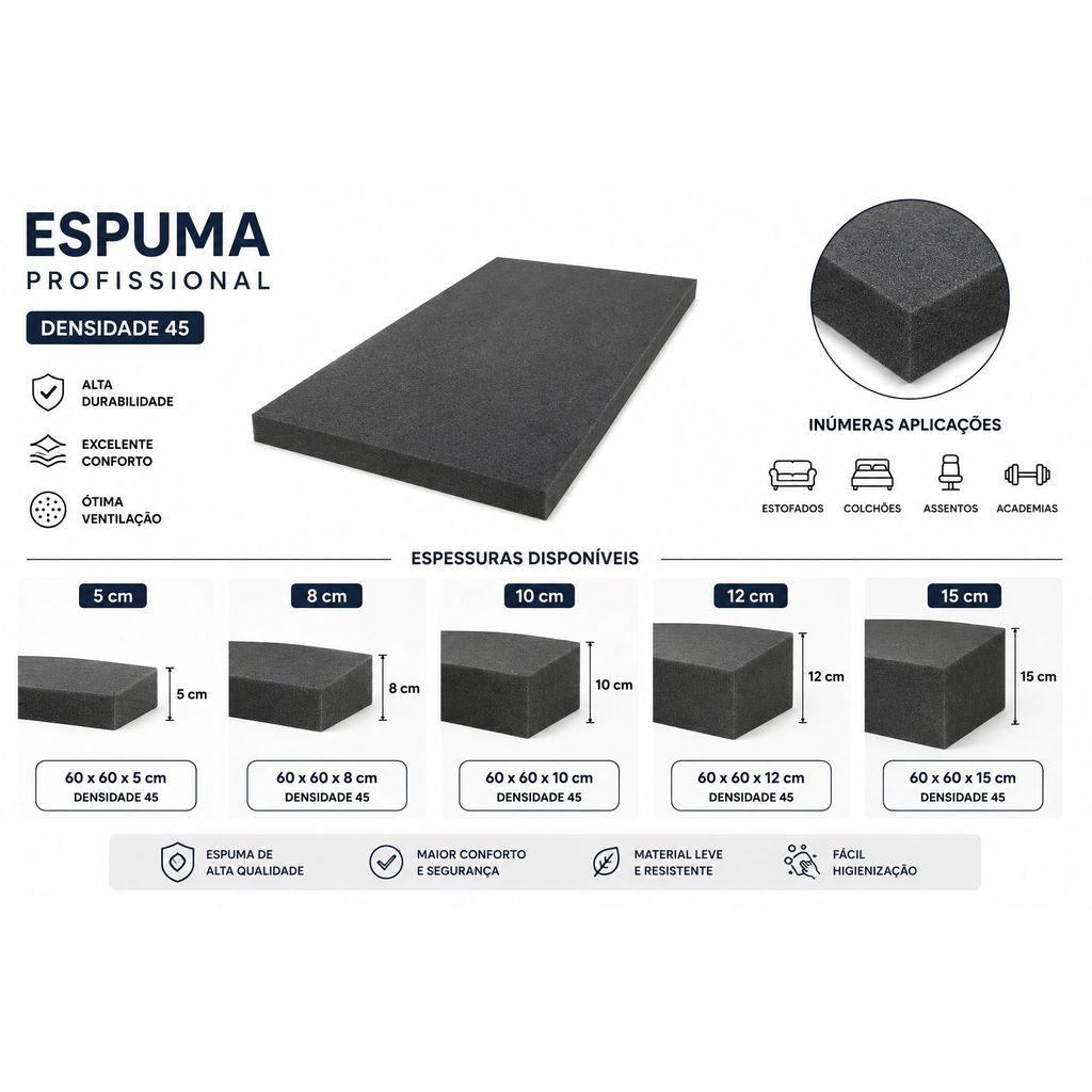 Espuma Densidade 45 firme MEDIDA 60 X 60- Várias medidas Estofados, cadeiras e almofadas