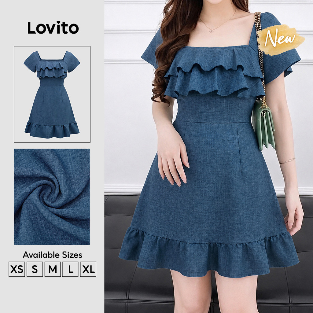 (New Arrival) Lovito Vestido Casual Azul com Babado e Zíper para Mulheres primavera/verão DRK9P1D008