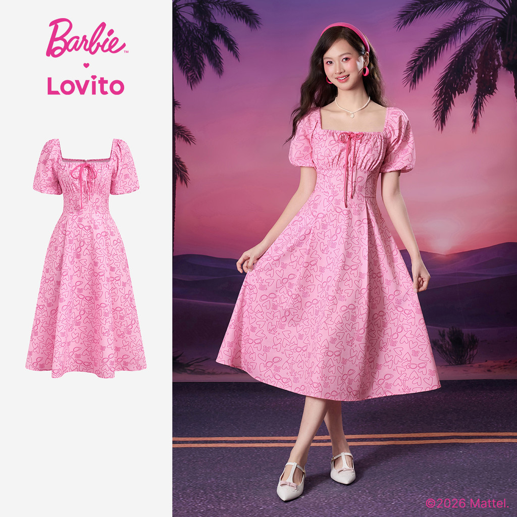 Barbie™ X Lovito Vestido Rosa Longo Feminino Primavera/Verão Modelo A Laço Grande Pregas e Zíper LBL5AD014