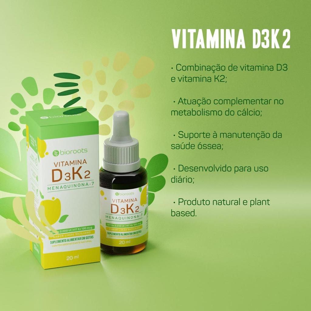 Vitamina D3+K2 em Gotas 20 ml - Bioroots — imagem 2 de 2