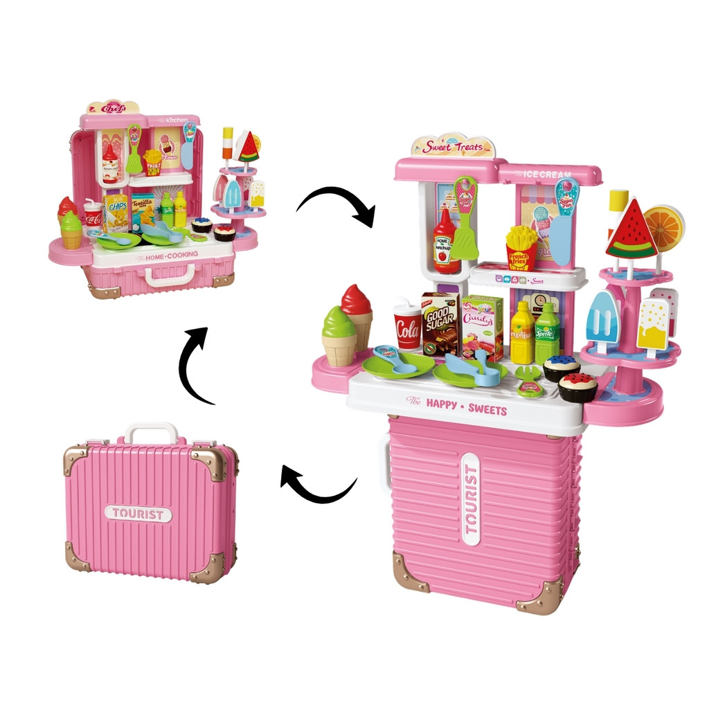 Bancada Confeitaria Infantil Maleta 3 em 1 Completa 38 Peças Rosa Acessórios Sorvete Maxi Toys