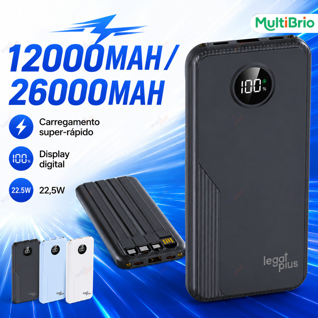 Carregador Portátil 12.000 e 26.000mAh Grande Capacidade 22,5W PD Carregamento Rápido 4 Cabos Tela Digital Universal
