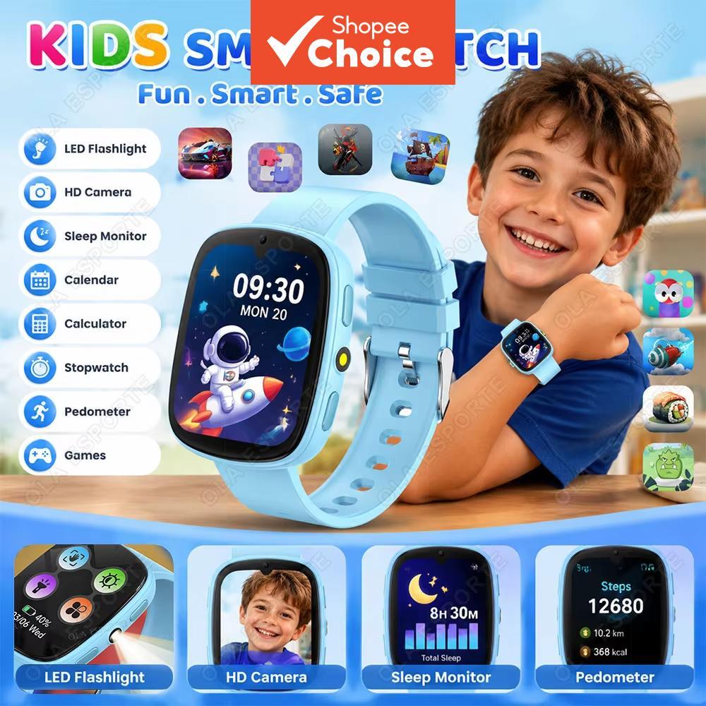 Relógio inteligente infantil com múltiplos jogos, câmera HD, lanterna LED, relógio despertador, calculadora e