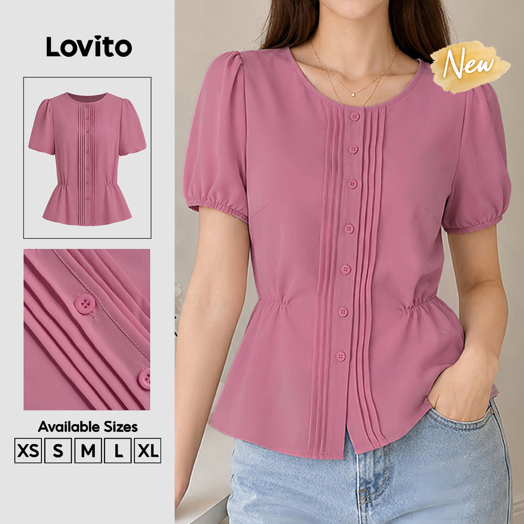 (New Arrival) Lovito Blusa Rosa Elegante De Manga Curta Gola Redonda Botões E Pregas Primavera/Verão Para Trabalho Feminina BLB202P2D709