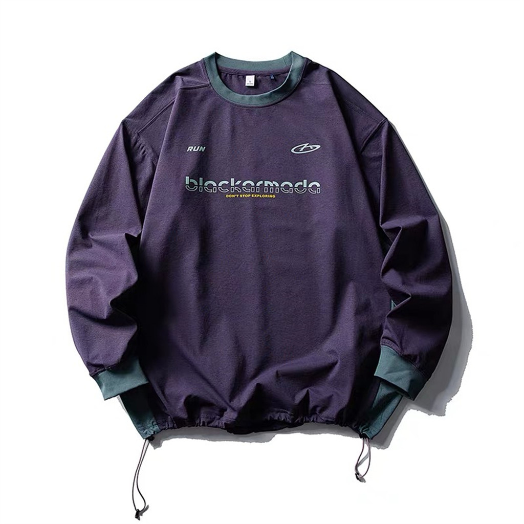 Street Wear americano Retro contraste cor costura de manga comprida camiseta masculina primavera outono Casual solto em 