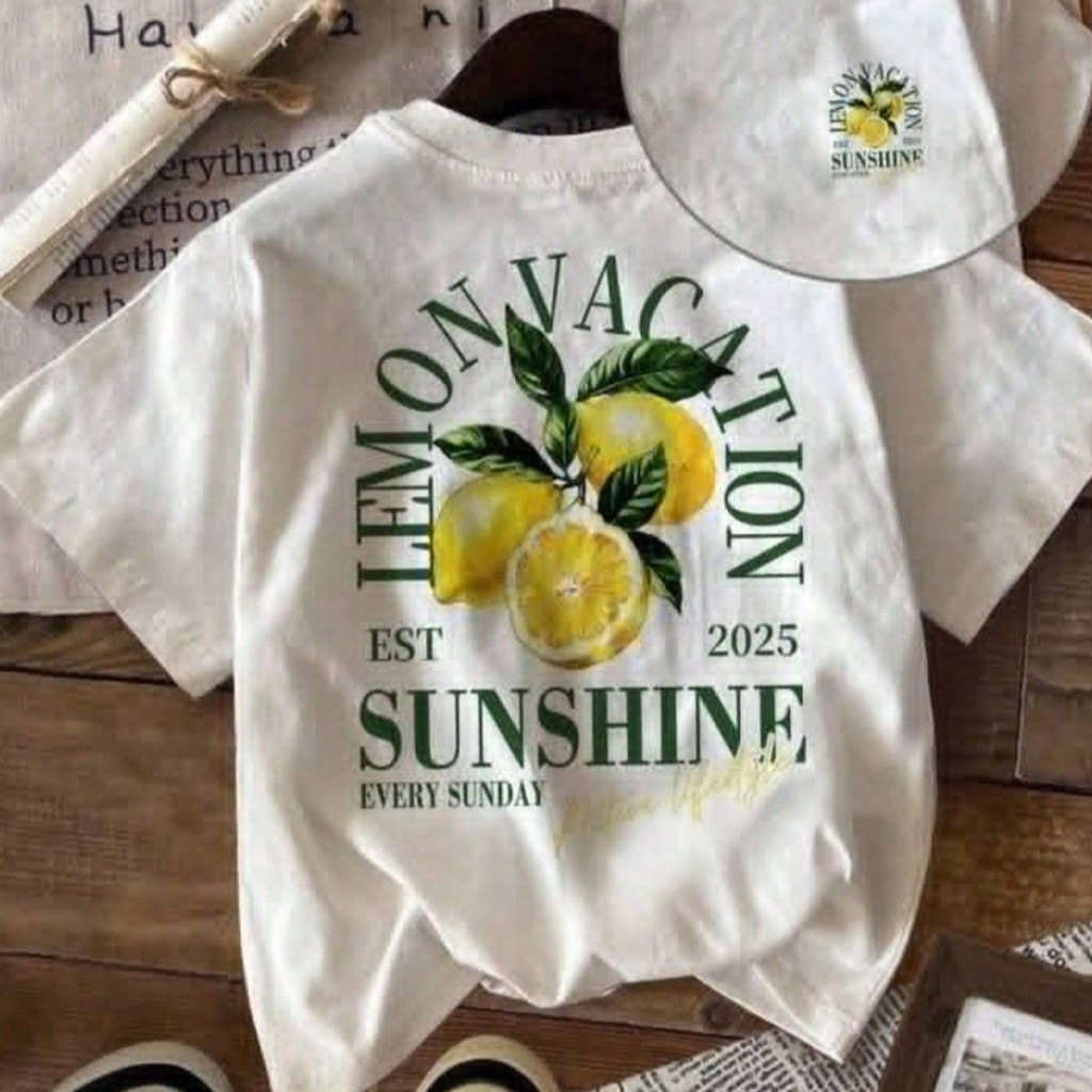 Camiseta Feminina Estilosa Casual 100% Algodão Tecido Leve Confortável Estampada Modelo: Lemon Vacation Sunshine