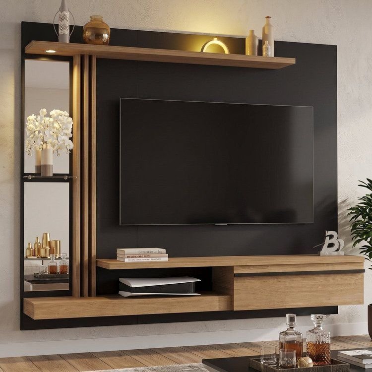 Painel para TV até 55 Polegadas com LED 160CMX136CM Prateleira de Vidro Denver Preto Preto Fosco