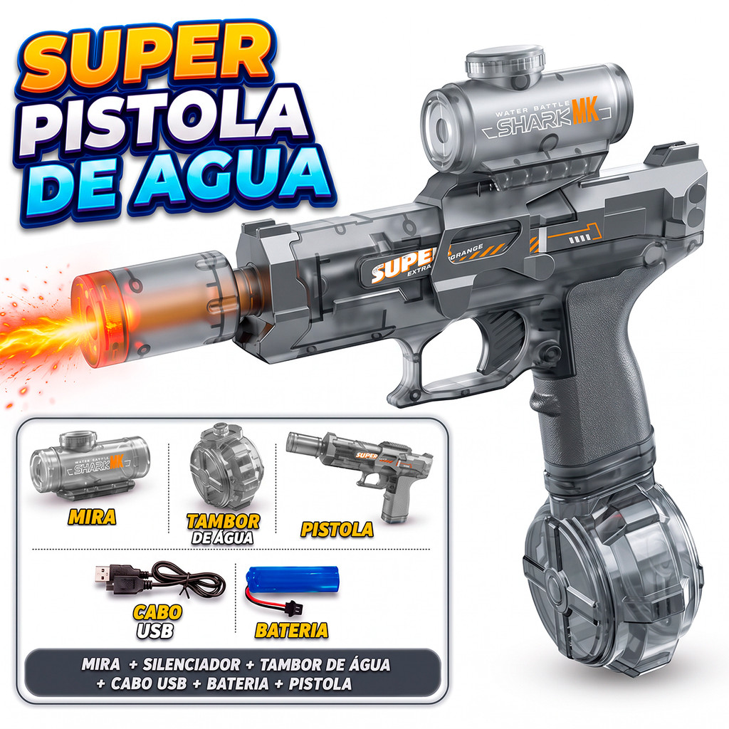 Pistola De Água Multi Tiros Elétrica Recarregável Com Mira Luz E Tambor Infantil Piscina Praia