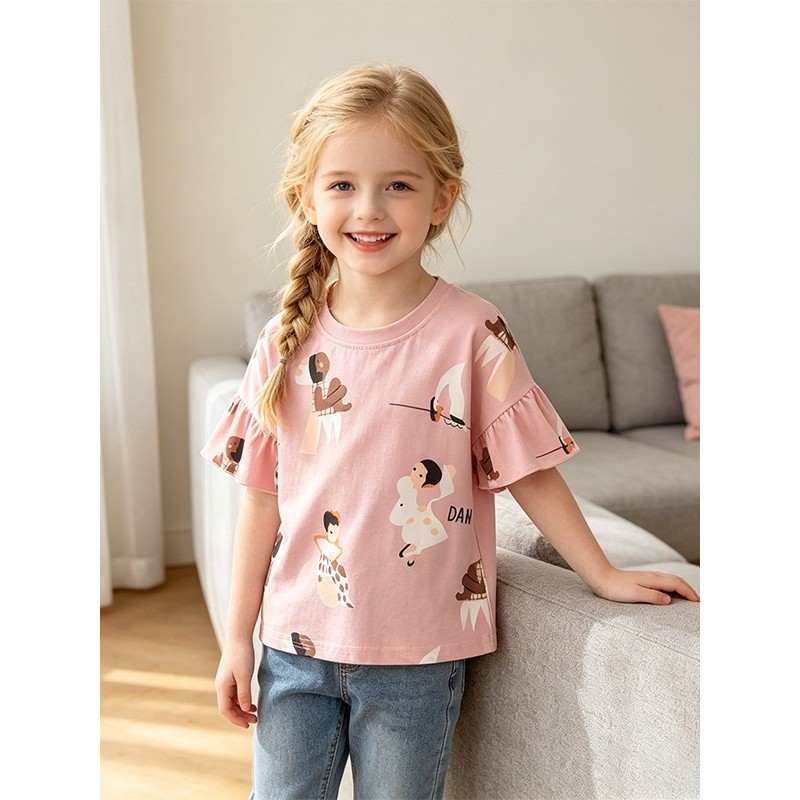 Comércio exterior roupas infantis estilo Casual meninas trompete manga dos desenhos animados impresso camiseta verão alg