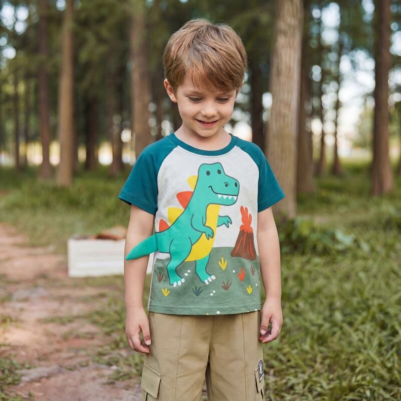 26 verão novo estilo meninos camiseta de manga curta europeu americano moda dinossauro impressão crianças em torno do pe