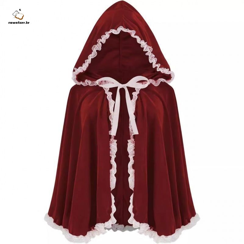 Capa De Halloween Com Capuz Vermelho – Corta-Vento Curto Retrô Feminino De Renda Para Performance Em Palco