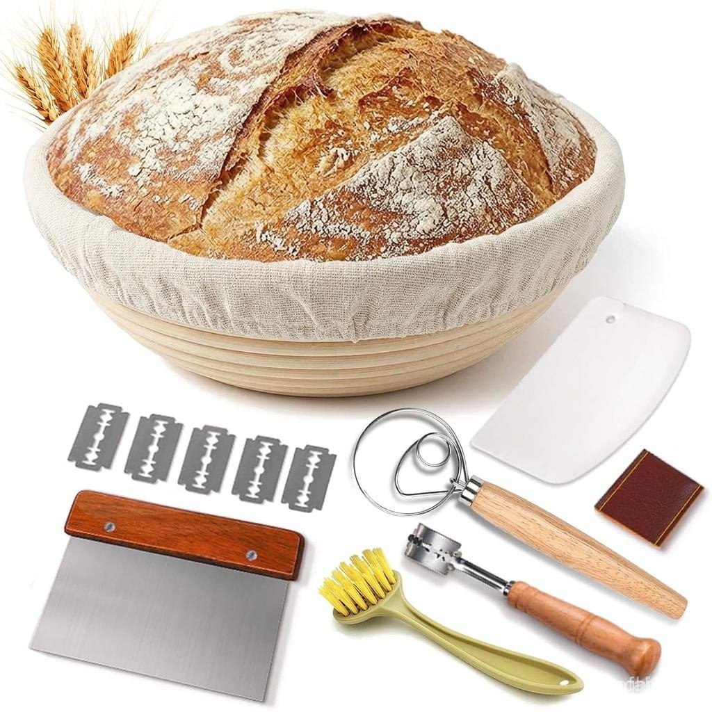Cesto de fermentação redondo de 7 peças e 9 polegadas, kit completo para fermento natural com forro de linho e ferrament