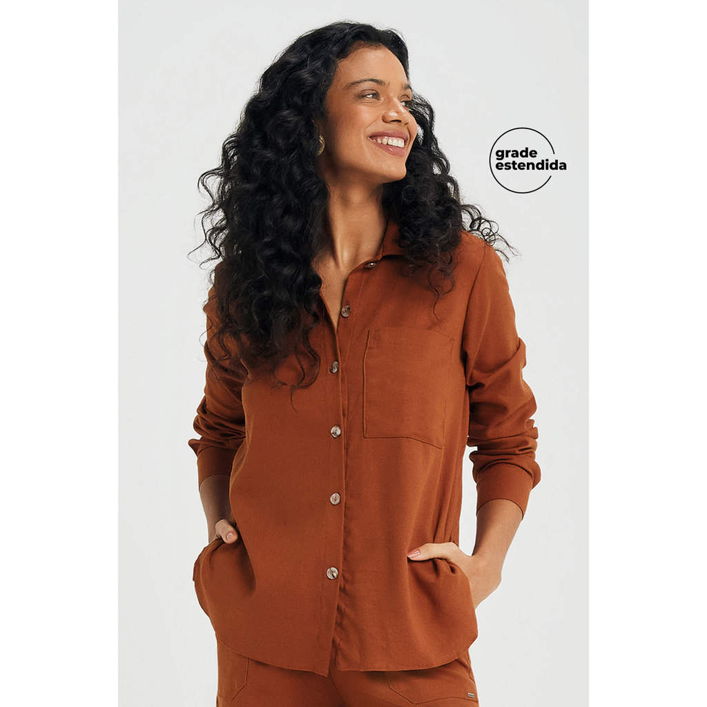 Camisa Feminina Manga Longa Linho Marialícia Marrom