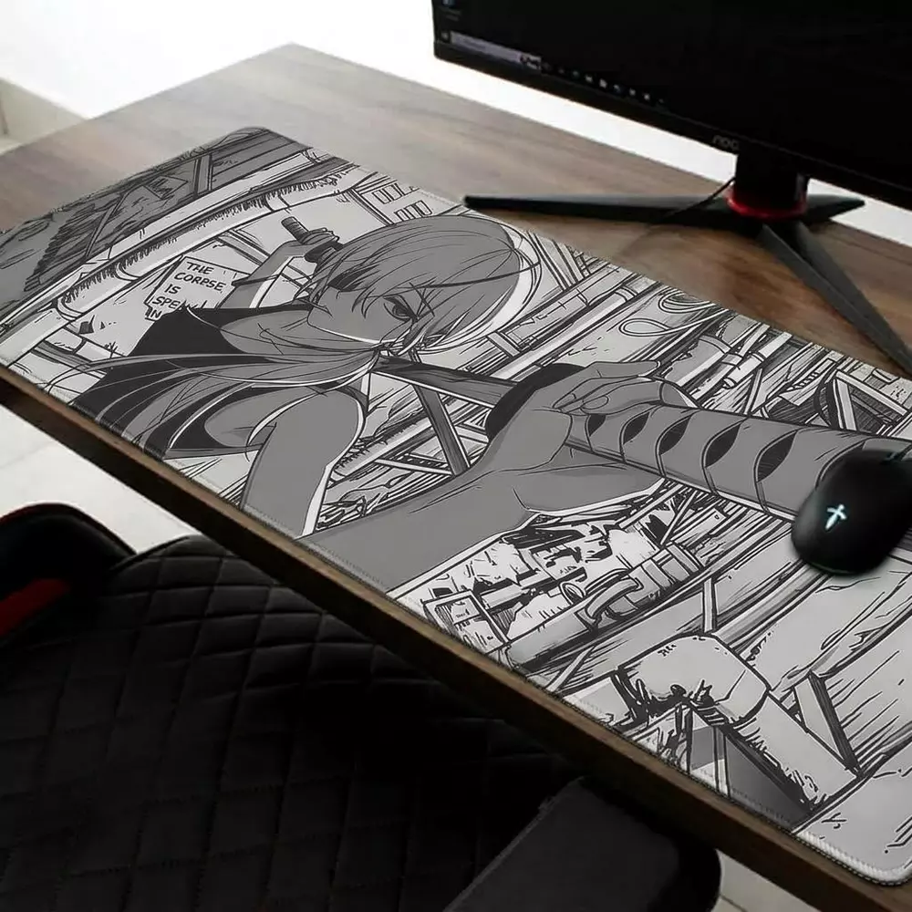 Mouse Pad Anime Minimalista Preto e Branco, Tapete de Mesa Antiderrapante com Borda Costurada Refinada 80cmX30cm