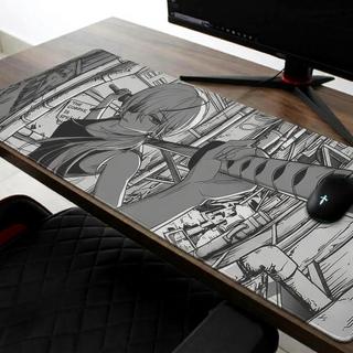 Mouse Pad Anime Minimalista Preto e Branco, Tapete de Mesa Antiderrapante com Borda Costurada Refinada 80cmX30cm