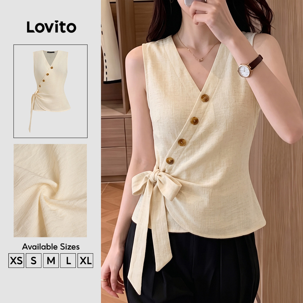 Lovito Top Feminino Elegante Assimétrico com Amarração de Renda Primavera/verão Cáqui claro TKK8P2D1049