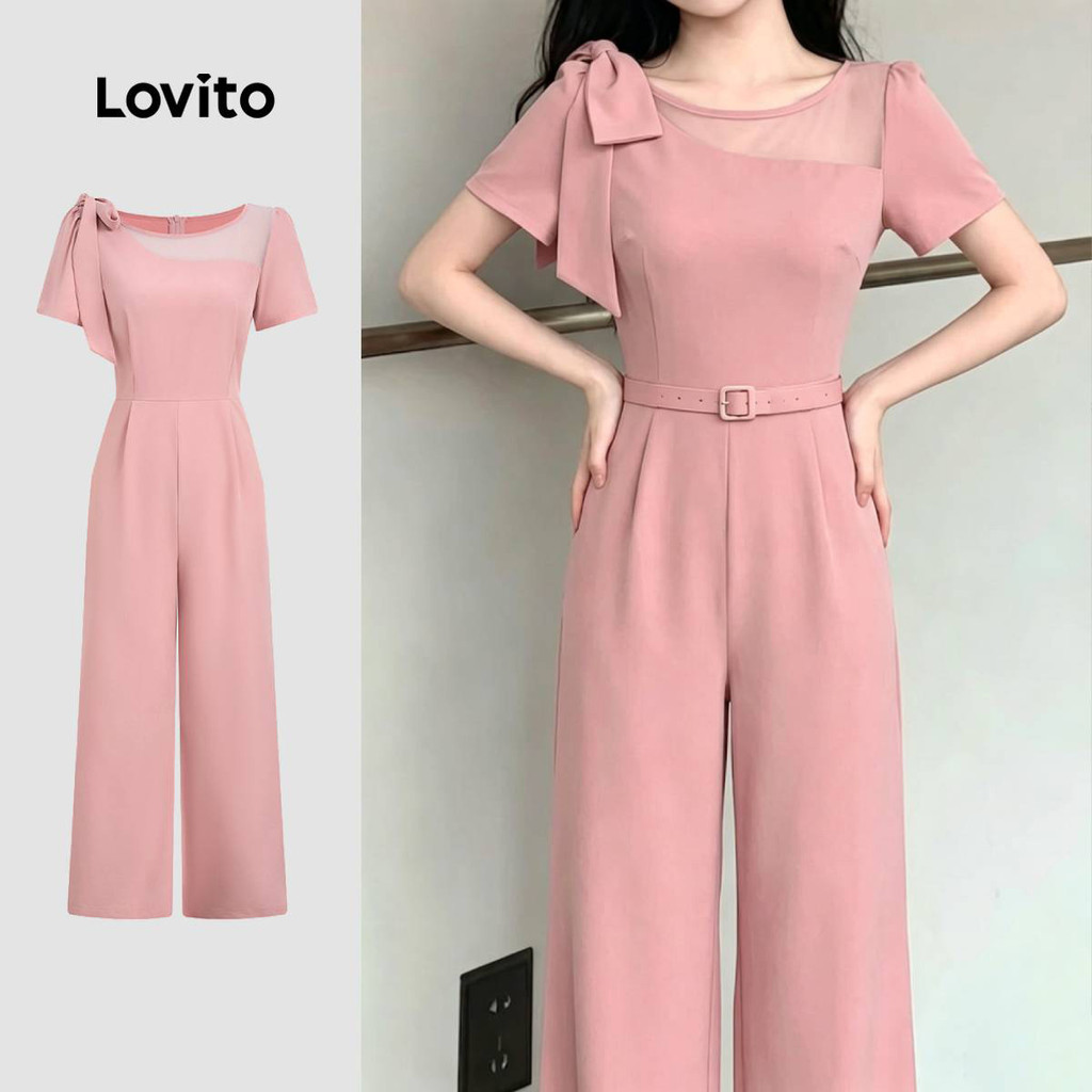 Lovito Social Elegante Macacão De Tecido Com Costuras Estruturais Macacão Rosa De Para Mulheres JRB198P1D592