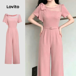 Lovito Social Elegante Macacão De Tecido Com Costuras Estruturais Macacão Rosa De Para Mulheres JRB198P1D592