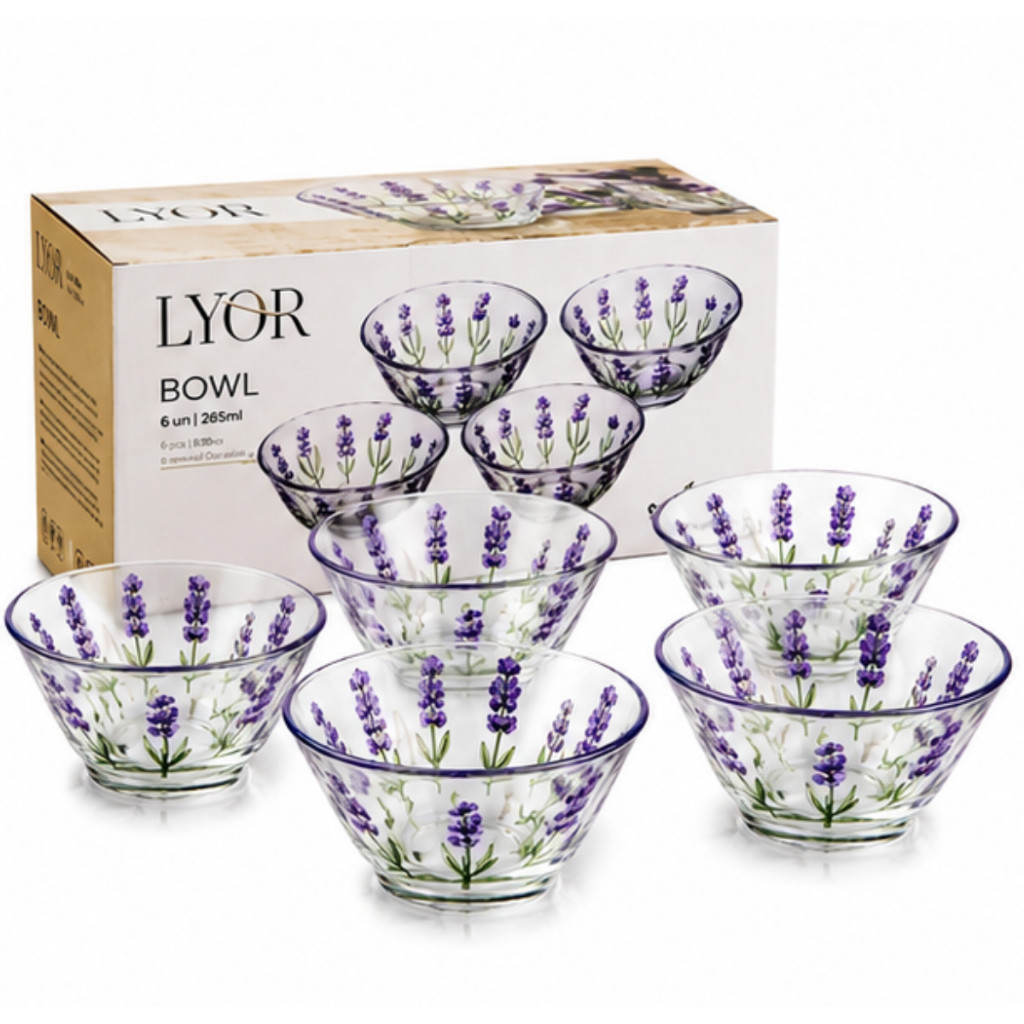 Kit 6 Bowls de Vidro 265ml Lavanda Lyor para Sobremesa Frutas Salada Petiscos